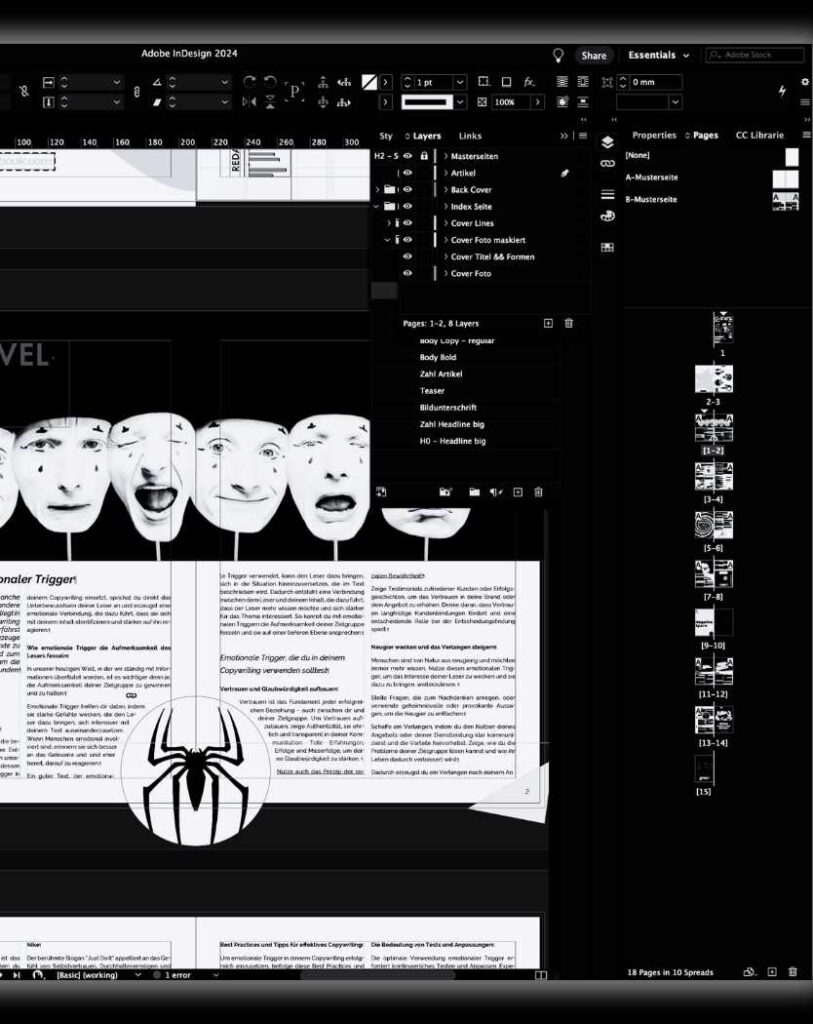 Arbeitsdatei in Adobe InDesign für ein Online Magazin