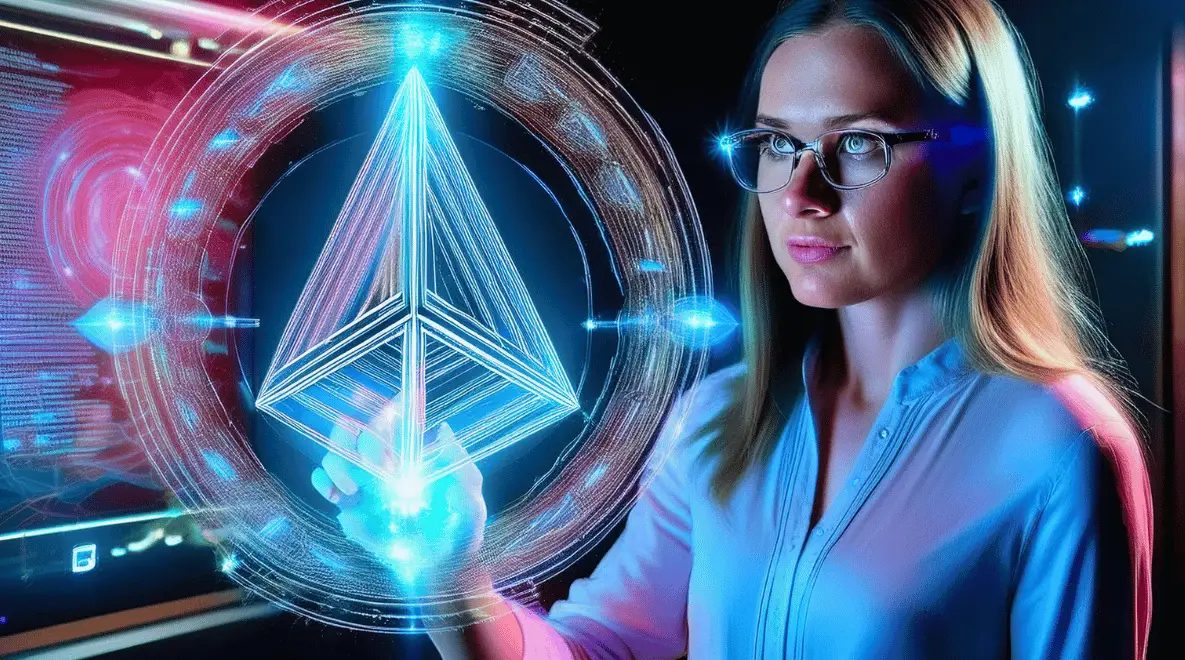Frau interagiert mit holographischer Technologie für KI-Storytelling