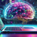 Illustration eines Gehirns, das über einem Laptop schwebt, symbolisiert die Verbindung von KI und Content-Erstellung durch Prompt Engineering.