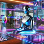 Illustration einer KI-unterstützten Content Creation, die mit digitalen Tools und Statistiken arbeitet, um konvertierende Werbetexte zu erstellen.