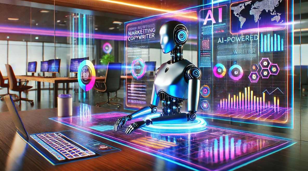 Illustration einer KI-unterstützten Content Creation, die mit digitalen Tools und Statistiken arbeitet, um konvertierende Werbetexte zu erstellen.