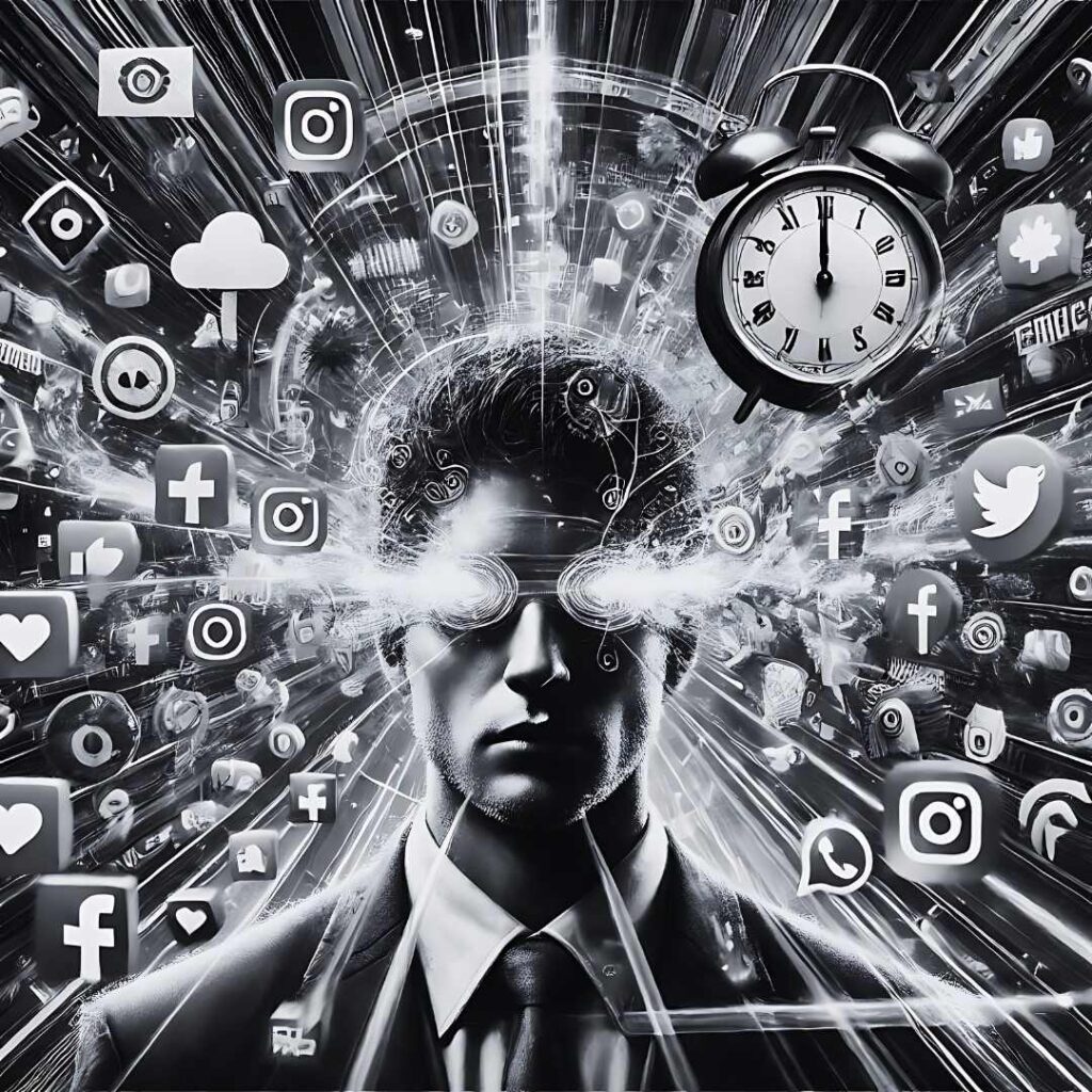 Illustration eines Mannes, umgeben von Social-Media-Symbolen und einer Uhr, die die schnelle Entscheidungsfindung von Lesern in den ersten Sekunden eines Textes darstellt.