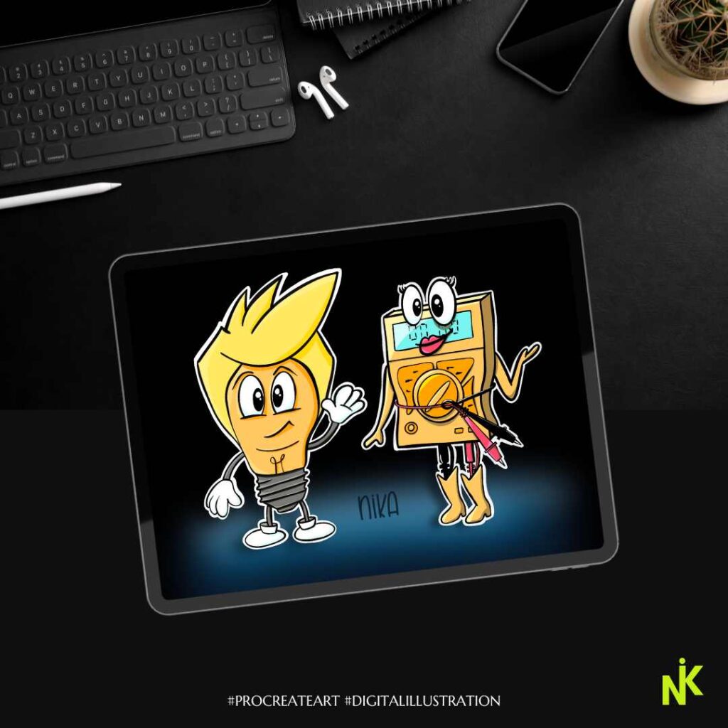 Digitale Illustration von Lumi & Volti - eine Glühbirne und ein Multimeter als Comic-Charaktere, entworfen in Procreate