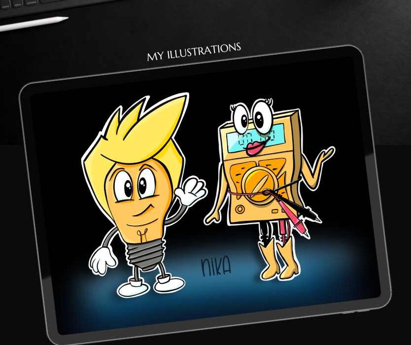 Handgezeichnete Comic-Illustration einer Glühbirne und eines Multimeters als sympathische Charaktere, erstellt mit Procreate