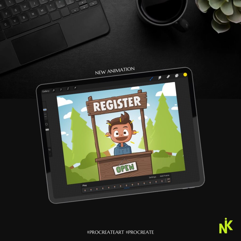 Willkommensanimation in Procreate gezeichnet – Cartoon-Stil mit Figur unter „Register“-Schild – erstellt von Visual Story Architect Nina Kahlenberg in Deutschland
