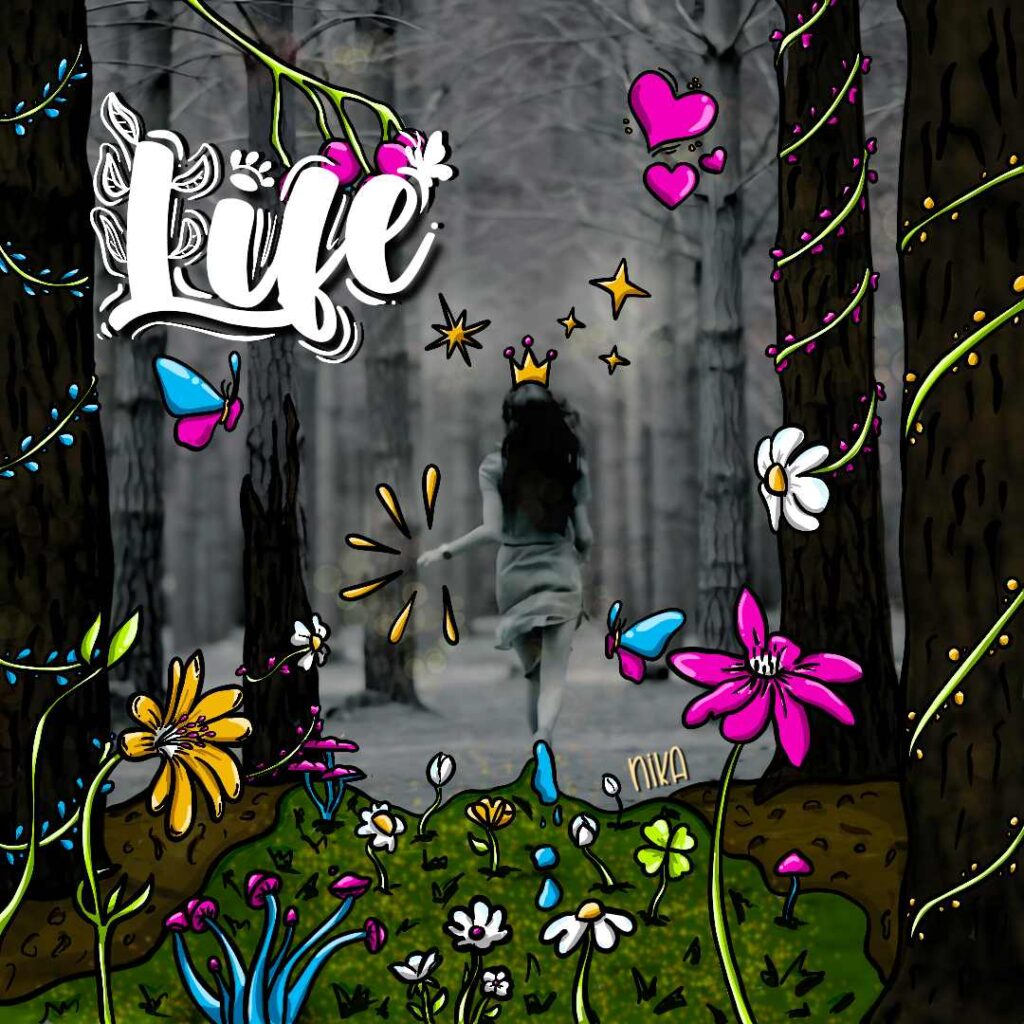 Handgezeichneten Mixed Media Illustration: Eine junge Frau läuft in einen düsteren Wald, während um sie herum farbenfrohe Blumen, Schmetterlinge und magische Elemente erblühen.