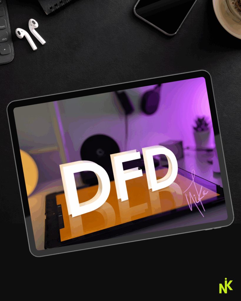 3D DFD Schriftzug auf iPad, illustriert mit Procreate im Neon-Studio-Setup – Mixed Media Artwork von Nina Kahlenberg