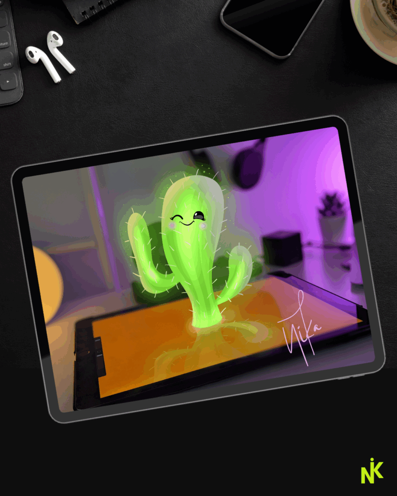 Leuchtender Kaktus mit Gesicht auf iPad – digitale Illustration mit Augmented Reality Ästhetik