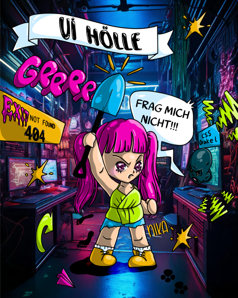 Digitale Illustration "UI-Hölle" von Nina Kahlenberg - eine wütende, pinkhaarige Figur mit Schaufel kämpft sich durch eine chaotische, neonbeleuchtete Escape-Room-ähnliche Szene voller UX-Herausforderungen